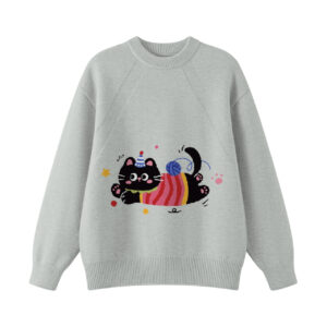 Cute Party Black Cat Playing Yarn Light Gray Crewneck Sweater