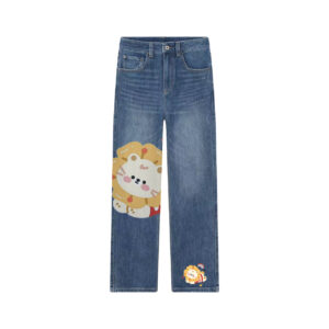 Cute Kawaii Lion Graphic Wide Leg Jeans | Unique Cartoon Straight Denim Pants
