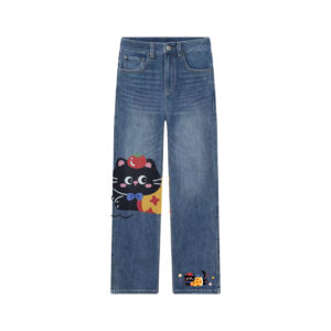 Cute Tomato Bow Black Cat Graphic Straight Leg Denim Jeans