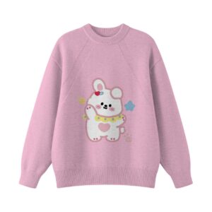 Cute Heart Star Bunny Graphic Pink Crewneck Knit Sweater