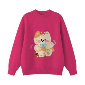 Cute Cherry Bow Cat Graphic Light Blue Crewneck Knit Sweater