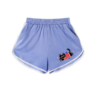 Cute Party Black Cat Print Light Blue Casual Running Shorts