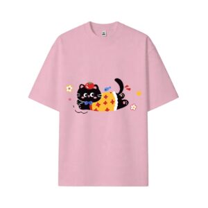 Cute Tomato Black Cat Graphic Pink Casual Oversized T-Shirt